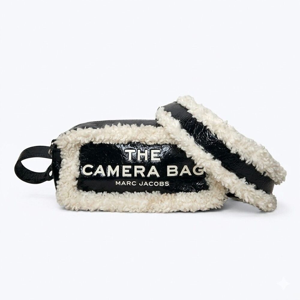 Marc Jacobs Crinkle Camera Bag Black Leather Shearling Trim Crossbody Purse